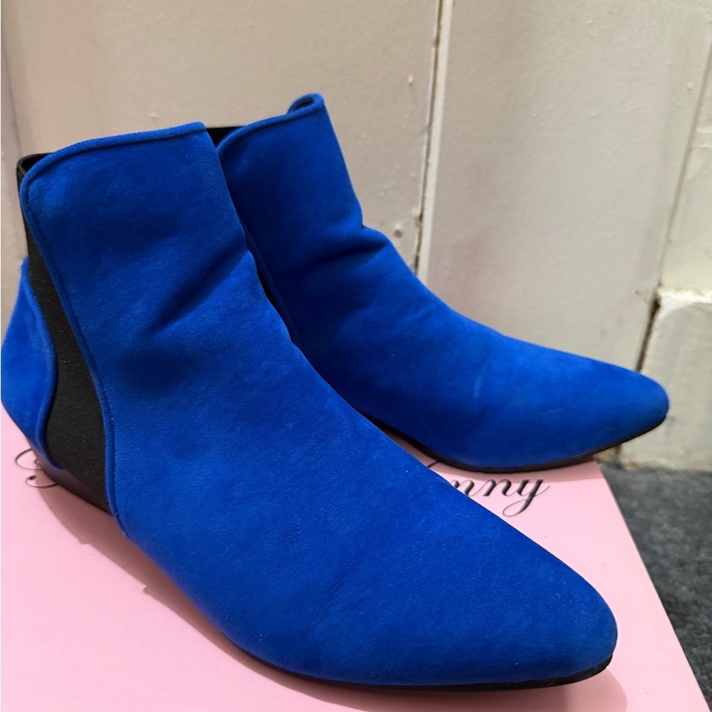 Penny Loves Kenny Electric Blue Suede Ankle Boots with Pointed Toe